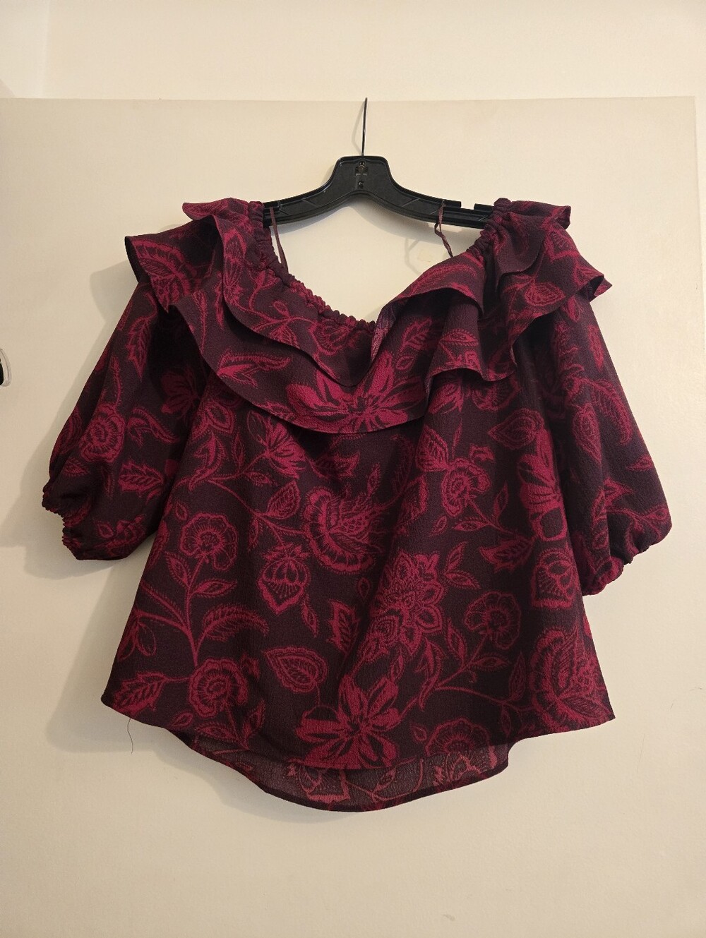 Vince Camuto Ruffled Off-Shoulder Floral Top in Deep Wine